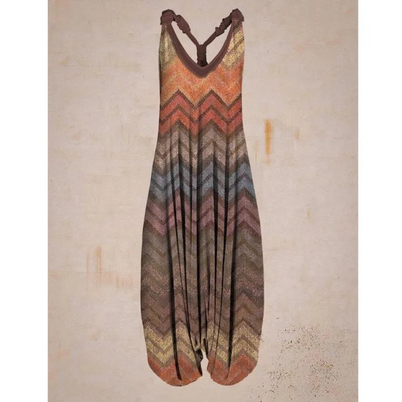 Bohemian Women's V-neck Sleeveless Jumpsuit Retro Ethnic Halter Top Harem Pants Beach Fashionable Casual Floral Print Jumpsuit