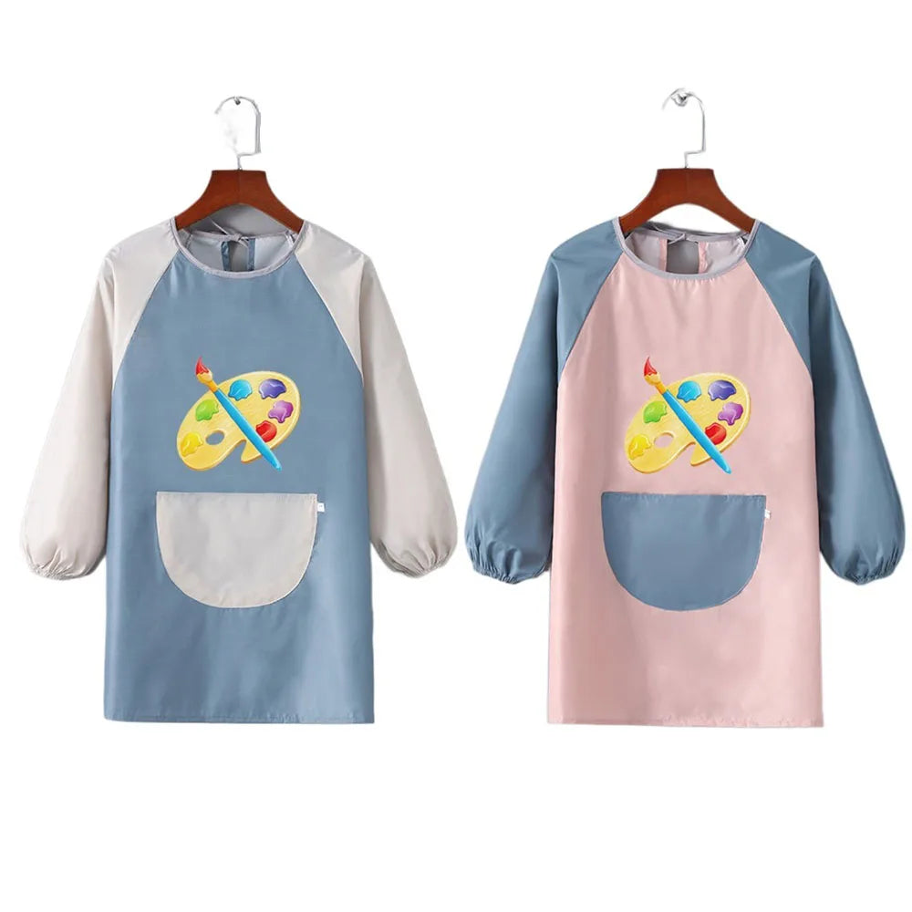 Children Waterproof Apron for Kid School Art Craft Painting Color Palette Printed Baby Feeding Eat Long Sleeve Smock DIY Drawing