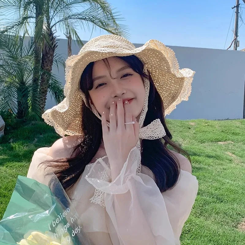 Lace Bow Women Straw Hat Wide Brim Hollow Out Grass Handwoven Visors Bucket Cap Korean Girl Beach Tour Foldable Sunshade Hats