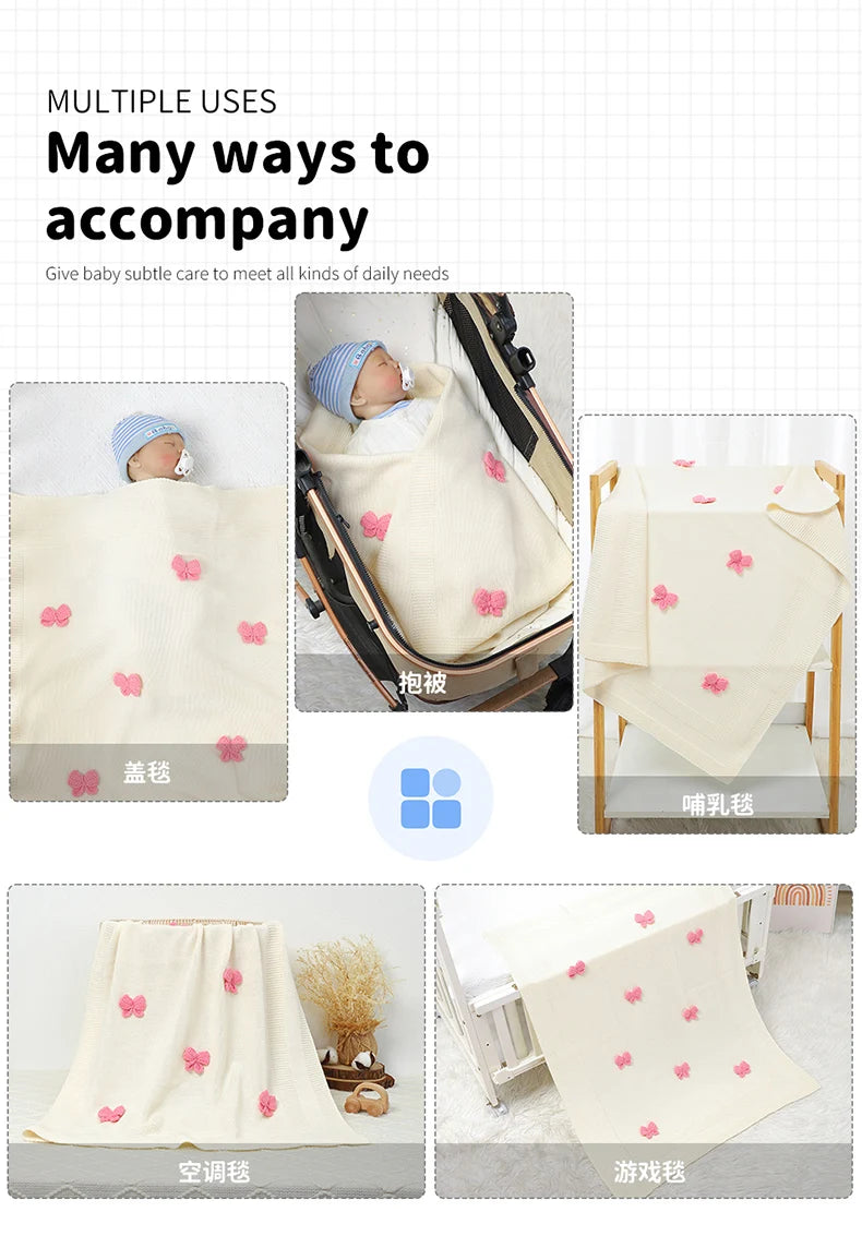 Baby Blankets Knit Newborn Boy Girl Bedding Quilt 90*70CM Infant Stroller Swaddle Wrap Super Soft Fashion Cute 3D Bows Sleepsack