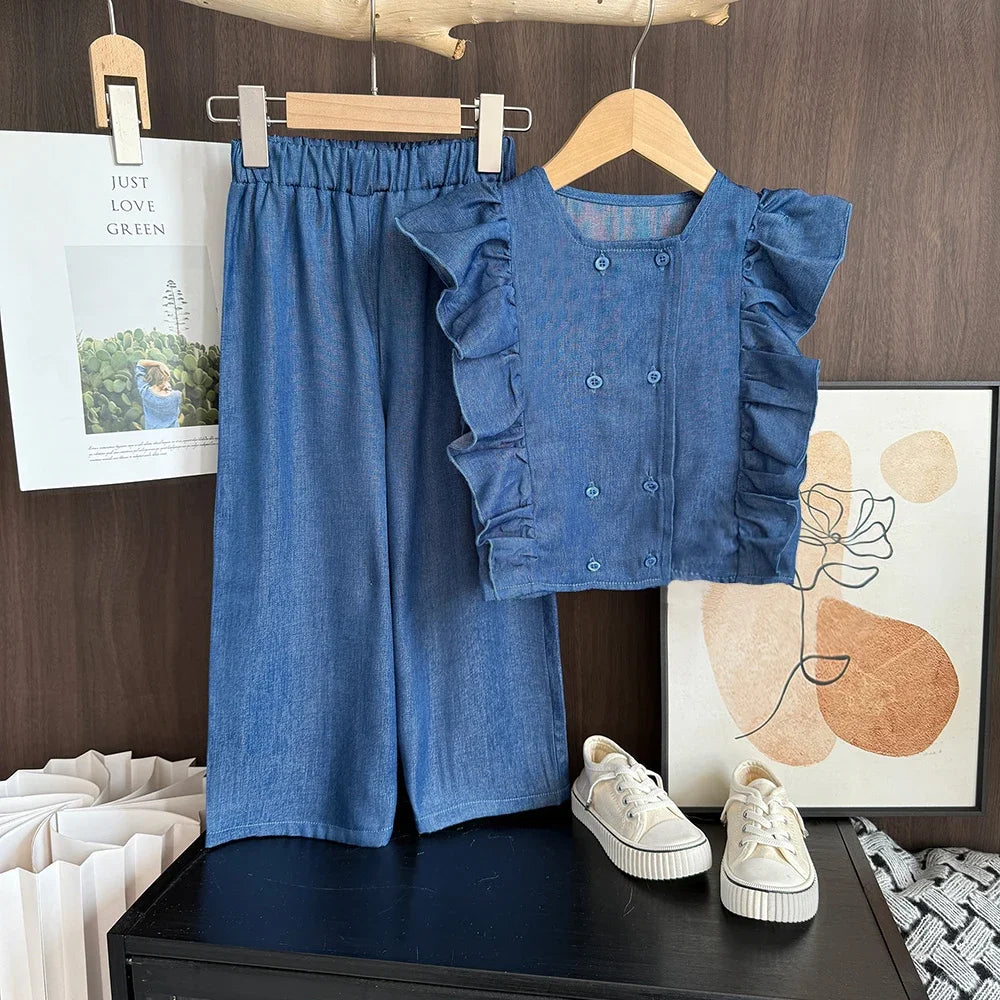 Bear Leader Toddler Girl Clothes Summer Solid Color Imitation Denim Children's Suit Blue Ruffled Sleeveless Vest+Pants 2Pcs Set