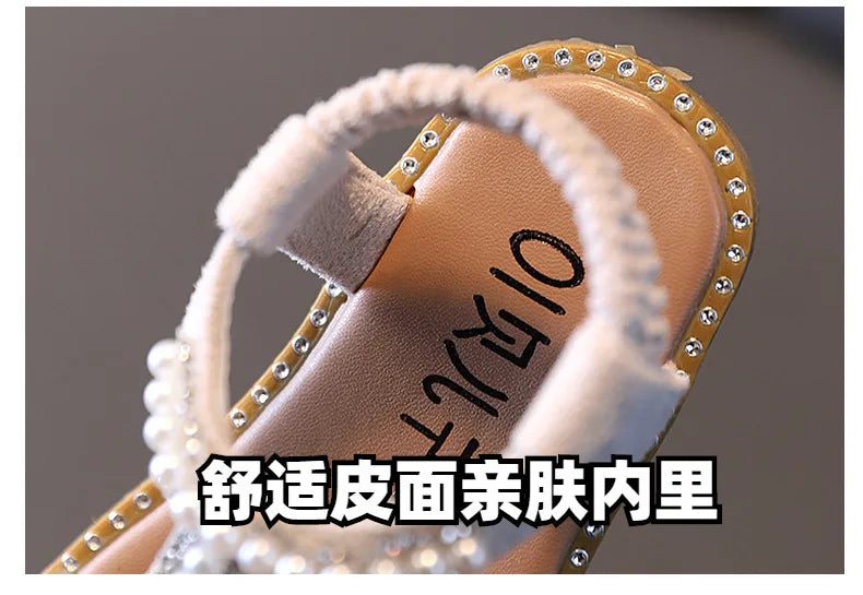 Girls Sandals Kids Summer Roman Shoes 2022 Elegant Pearl Rhinestone Party Princess Shoe Flats Non-slip Casual Girl Beach Sandal