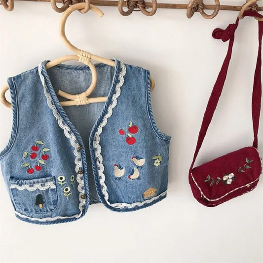 Baby and Girls Sweet Embroidered Work Single-Breasted Denim Vest Jackets School Kids Waistcoat Child Outfit Tops For 1-10 Yr