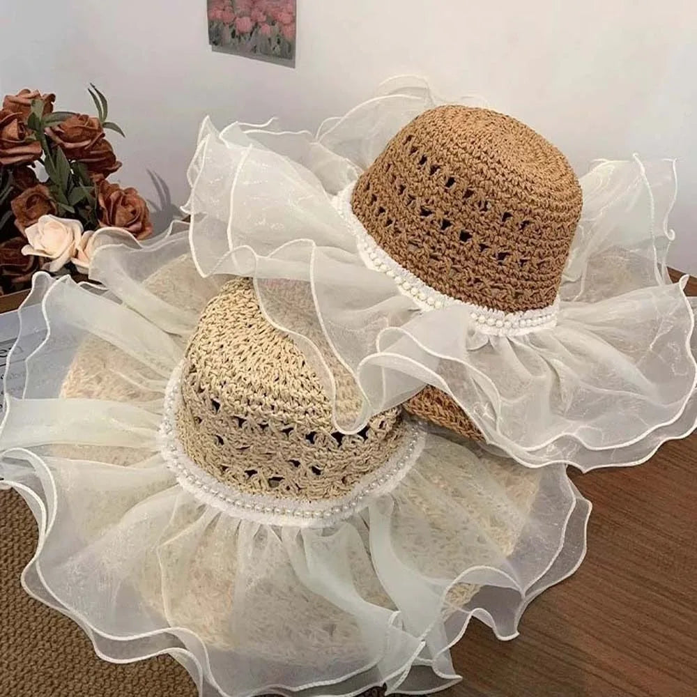 Beige Portable Lace Pearls Sun Cap Hollow Out Polyester Straw Weaving Beach Hat Breathable Thin Big Brimmed Woven Cap Women
