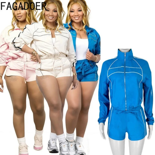 FAGADOER Casual Color Block 2 Pieces Set for Woman Long Sleeve Zipper Crop Jacke and Drawstring Shorts Female Jogger Clothing