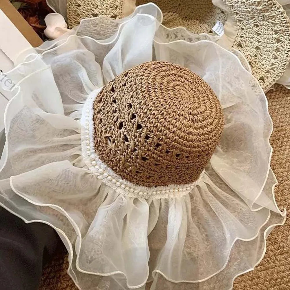 Beige Portable Lace Pearls Sun Cap Hollow Out Polyester Straw Weaving Beach Hat Breathable Thin Big Brimmed Woven Cap Women