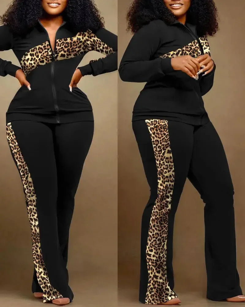 CPSYMYM Two Piece Set Women Outfit Autumn   Denim Look Print Zipper Design Stand Collar Long Sleeve Top & Casual Pants Set