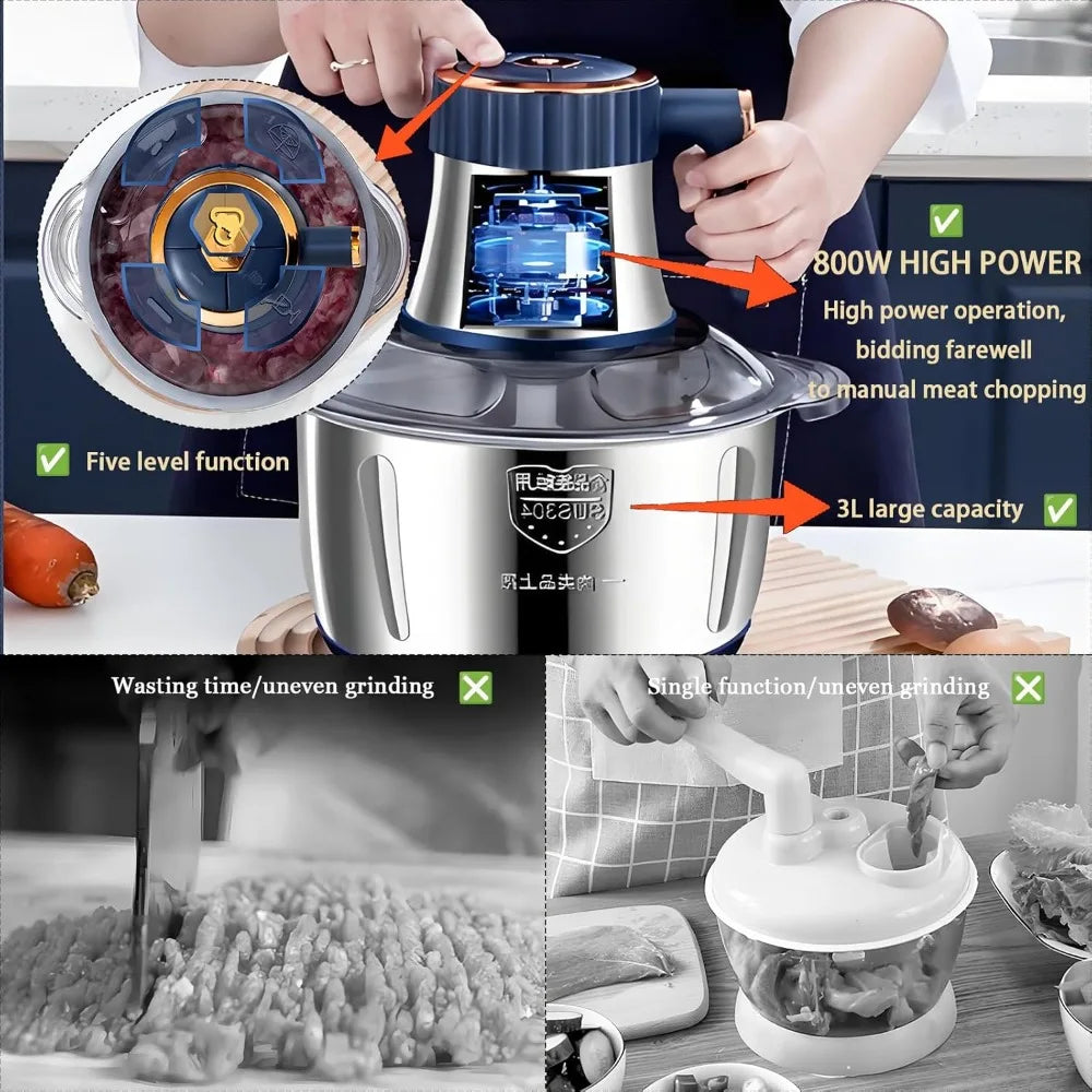 Electric Meat Grinder, Food Processor, Stainless Steel Meat Chopper, 5L Capacity Vegetable Chopper, Suitable for Food Chopping