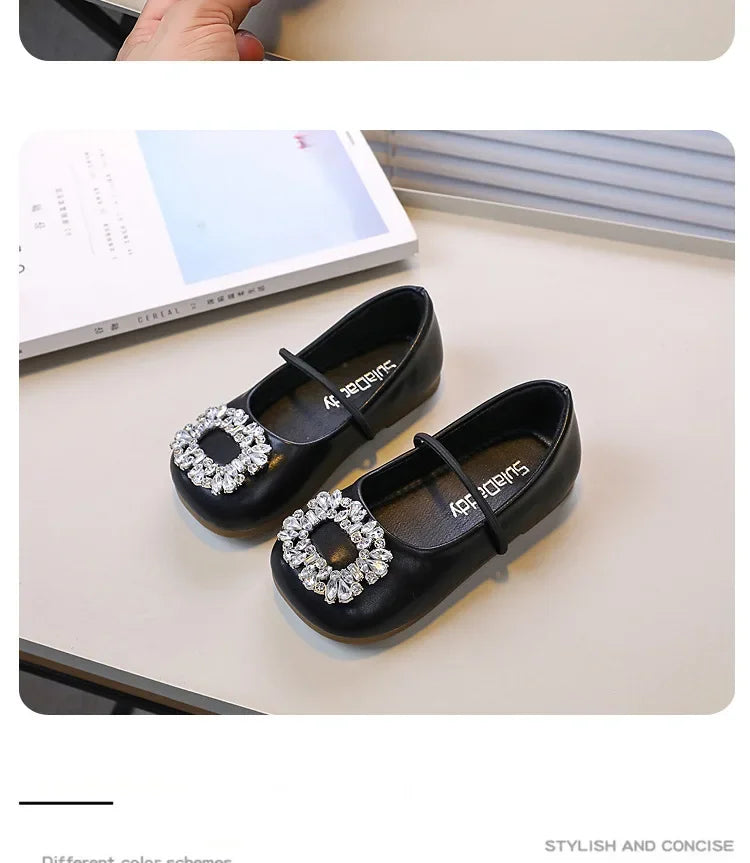 Girls Princess Leather Shoes Luxury Rhinestone Kids Ballet Shoes Fashion Shallow Non-slip Children's Flats for Party Wedding