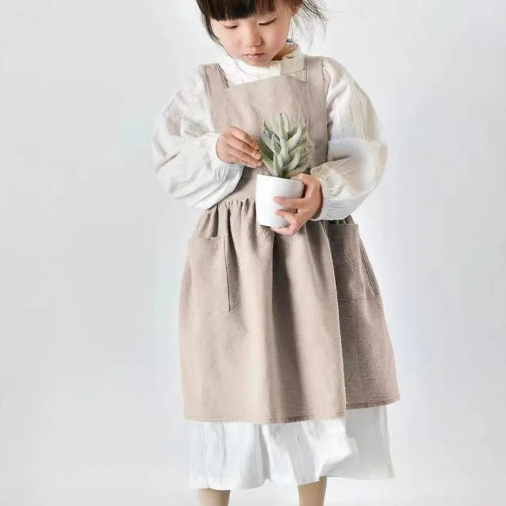 Kawaii Japanese Style Kids Apron Dress Solid Color Cotton Coffee Aprons Cross-back Soft Gardening Overalls Kitchen Accessories
