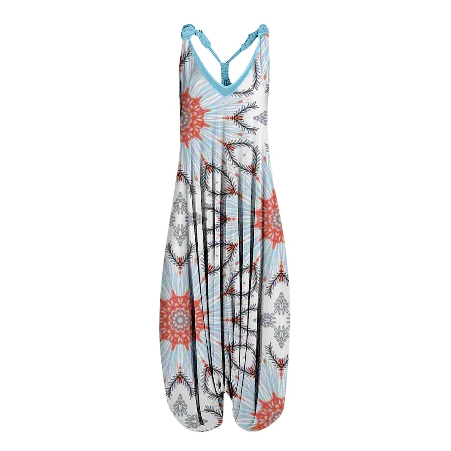 Large Size Ethnic Style Women's Jumpsuits Spring Summer Printed Sleeveless Overalls Backless Cross Straps Beach Jumpsuit S-5XL