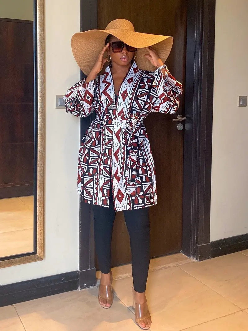 African  Printing Dress Women's Fashion Kimono Cardigan Coat Dashiki Geometric Belt Dress Plus Size Retro African Christmas Robe