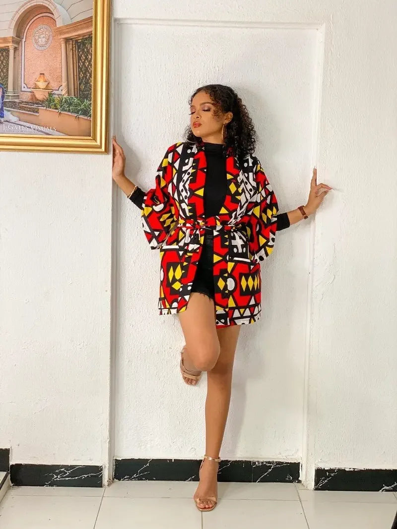 African  Printing Dress Women's Fashion Kimono Cardigan Coat Dashiki Geometric Belt Dress Plus Size Retro African Christmas Robe