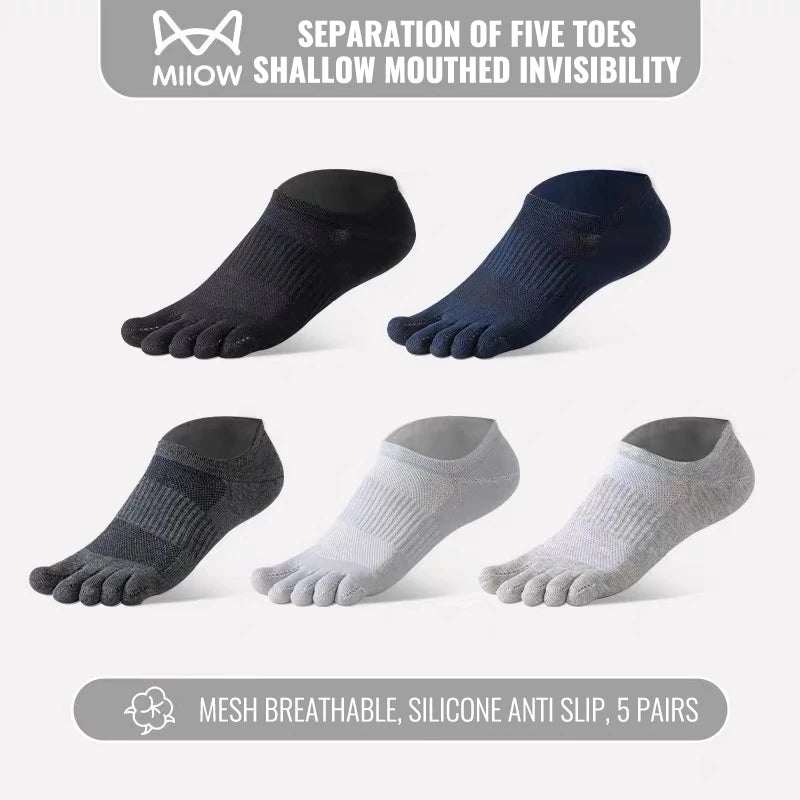 MiiOW Pure Cotton Five Finger Short Socks Men Sweat Absorbent Antibacterial Breathable Mesh Boat Socks Running Sports Toe Sock