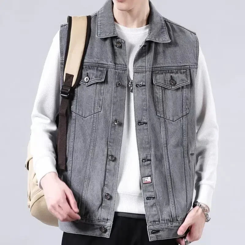 Men's Denim Vest Sleeveless Multi-Pocket Solid Color Spring Autumn Fashion Outerwear Casual Style Pure Color Top Coat