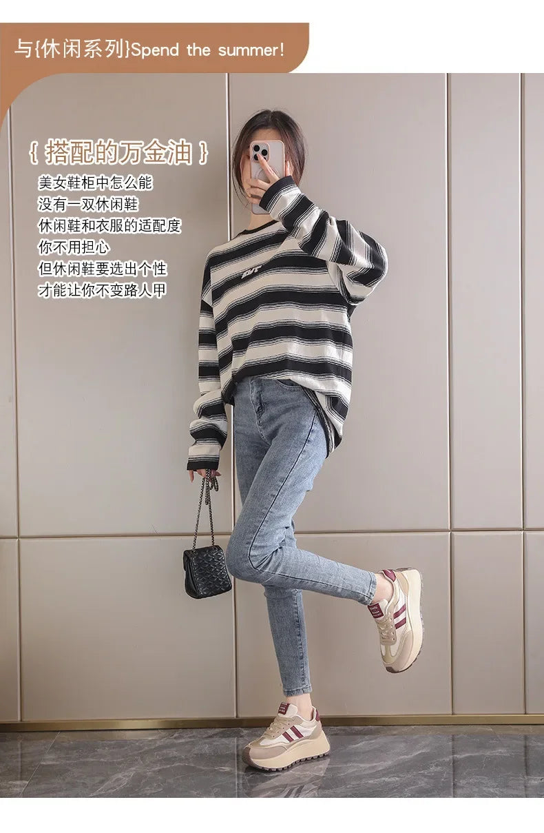 2024 autumn Spring Thick Bottom Women's Shoes Casual Patchwork Leather Sneakers Casual Vulcanised Shoes Ladies Chaussure Femme