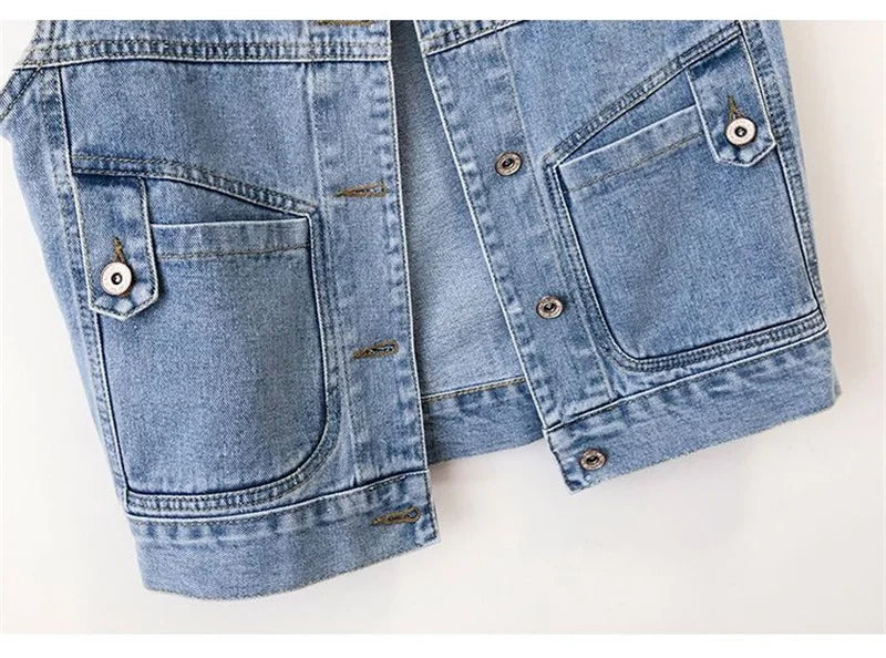 New Women Denim Vest Jackets Spring Autumn Pocket Hooded  Short Jean Waistcoat Sleeveless Jacket Outerwear Female Casual Top 5XL