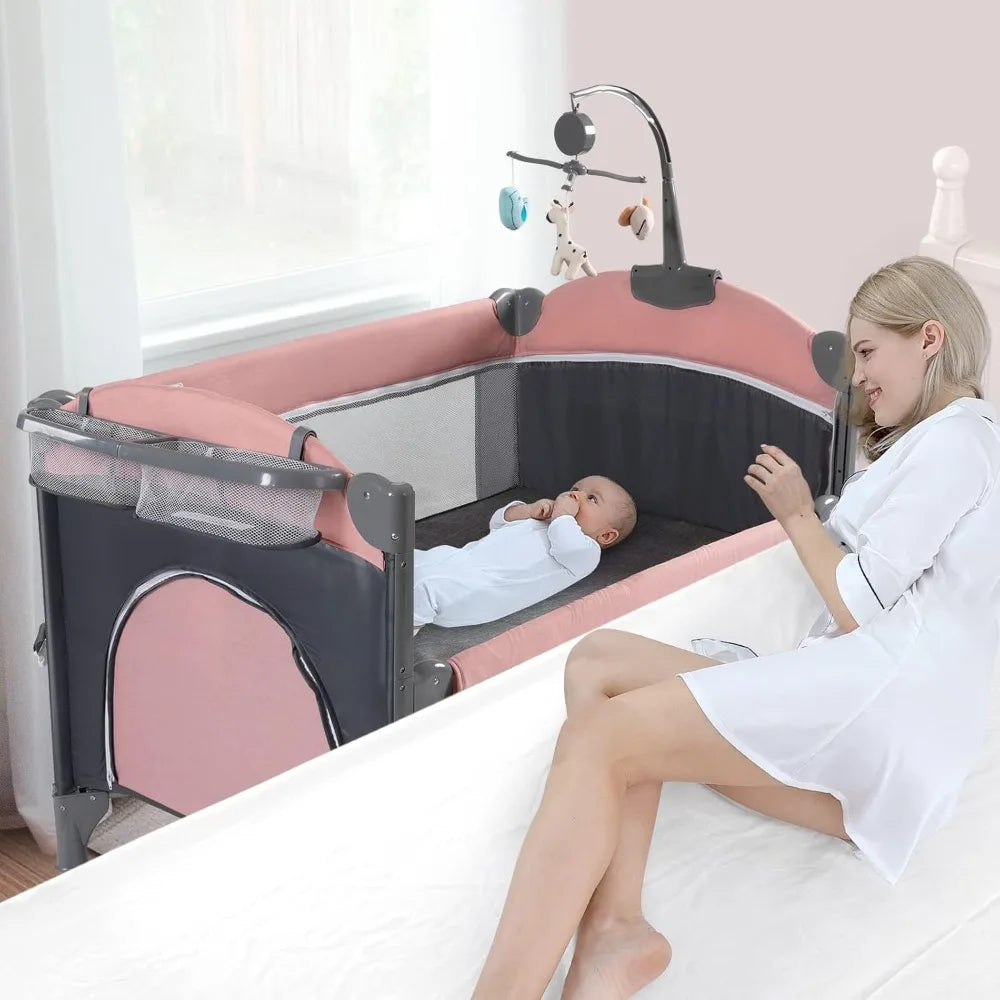 5 in 1 Baby Crib, Baby Bassinet Beside Sleeper, Pack and Play with Bassinet and Changing Table Portable Travel Baby Playpen