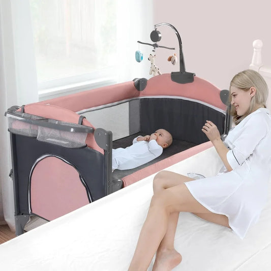 5 in 1 Baby Crib, Baby Bassinet Beside Sleeper, Pack and Play with Bassinet and Changing Table Portable Travel Baby Playpen
