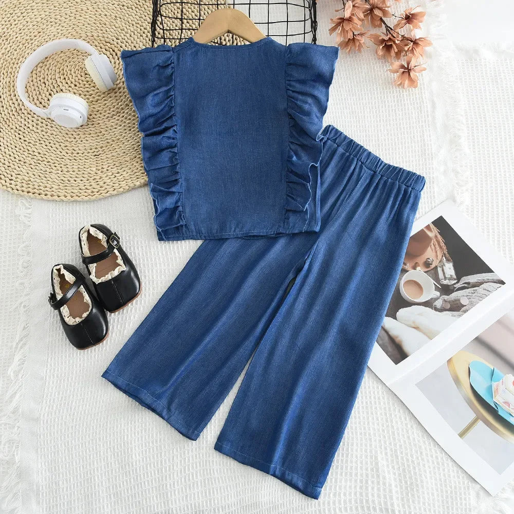 Bear Leader Toddler Girl Clothes Summer Solid Color Imitation Denim Children's Suit Blue Ruffled Sleeveless Vest+Pants 2Pcs Set