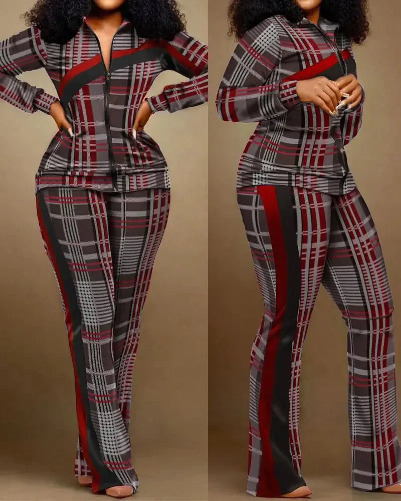 CPSYMYM Two Piece Set Women Outfit Autumn   Denim Look Print Zipper Design Stand Collar Long Sleeve Top & Casual Pants Set