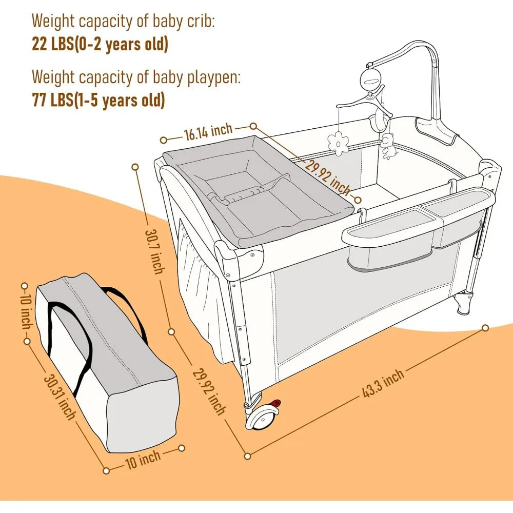 5 in 1 Baby Crib, Baby Bassinet Beside Sleeper, Pack and Play with Bassinet and Changing Table Portable Travel Baby Playpen