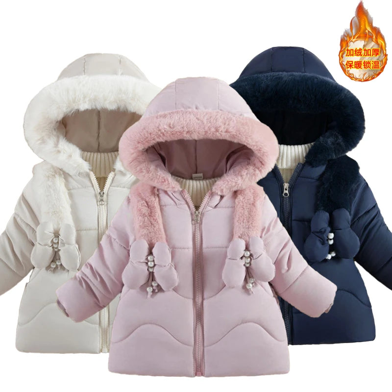 1 2 3 4 Years Baby Girls Jacket Winter New Solid Color Butterfly Decoration Lining Plush Warm Hooded Zipper Down Cotton Outwear