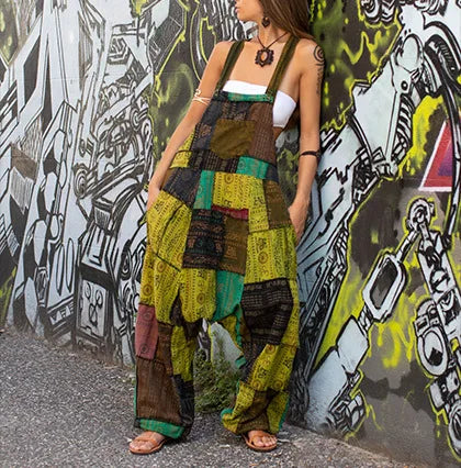 Fashion Patchwork Suspender Trousers Jumpsuit For Women Hip-hop Patchwork Ethnic Print Loose Harem Pantsstreet  Rompers Female