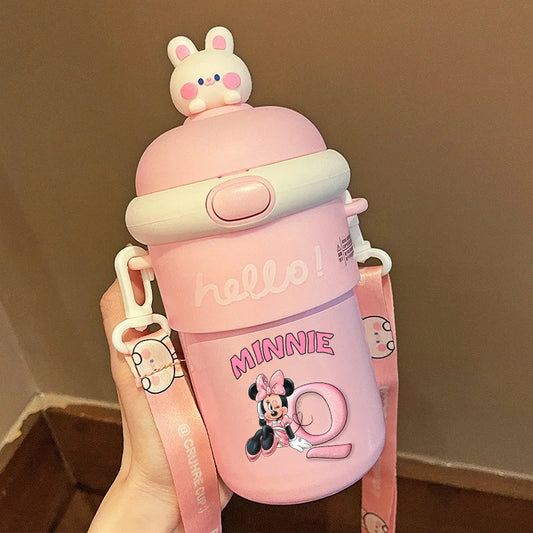 Minnie Thermal Water Cup Summer Strap Sport Drinking Cups A-Z Letter Kid Picnic Container Glasses Fresh Portable Travel Supplies