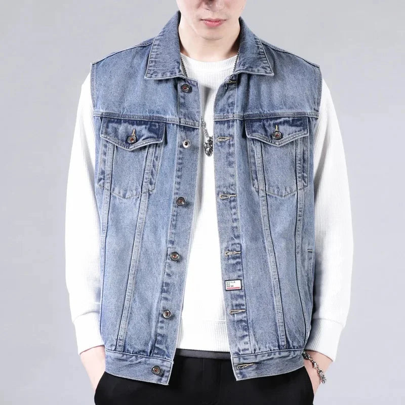 American Style Casual Men's Denim Jacket Loose Cool Retro Workwear Jacket Versatile Leisure Vest for Spring And Autumn
