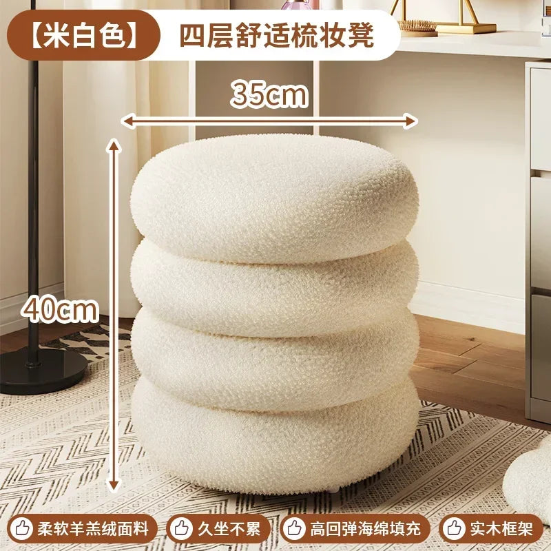 Creamy Household Stool for Girls, Makeup Seat, Bedroom Vanity Chair, Soft Lamb Wool Pouf, Minimalist Manicure, Round Ottoman