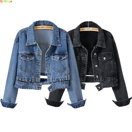 Women's Shorts Denim Jacket Fashion Casual Coat Black Lapel Single-breasted Long-sleeved Female Overcoat S M L XL XXL XXXL