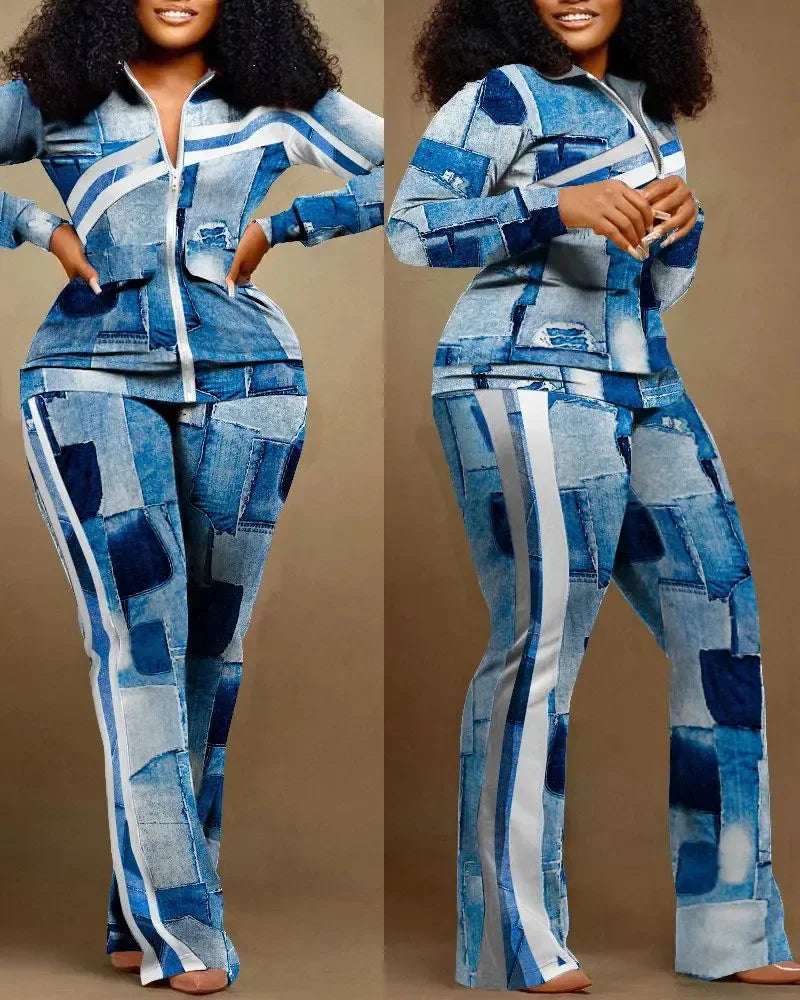 CPSYMYM Two Piece Set Women Outfit Autumn   Denim Look Print Zipper Design Stand Collar Long Sleeve Top & Casual Pants Set
