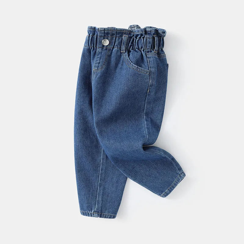 MILANCEL New Spring Kids Jeans Girls Cute Solid Color Denim Blue Pants Children Loose Trousers