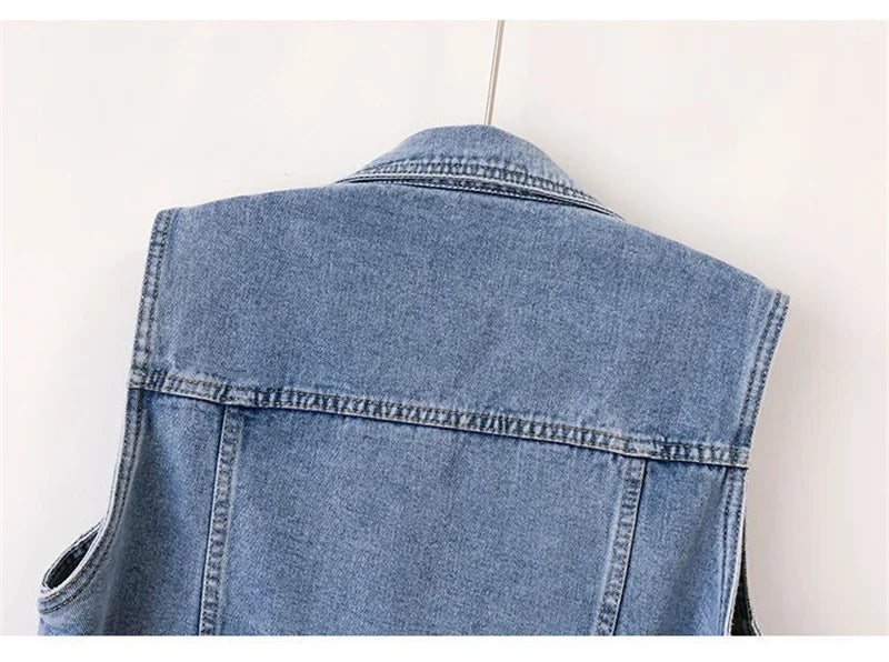 New Women Denim Vest Jackets Spring Autumn Pocket Hooded  Short Jean Waistcoat Sleeveless Jacket Outerwear Female Casual Top 5XL