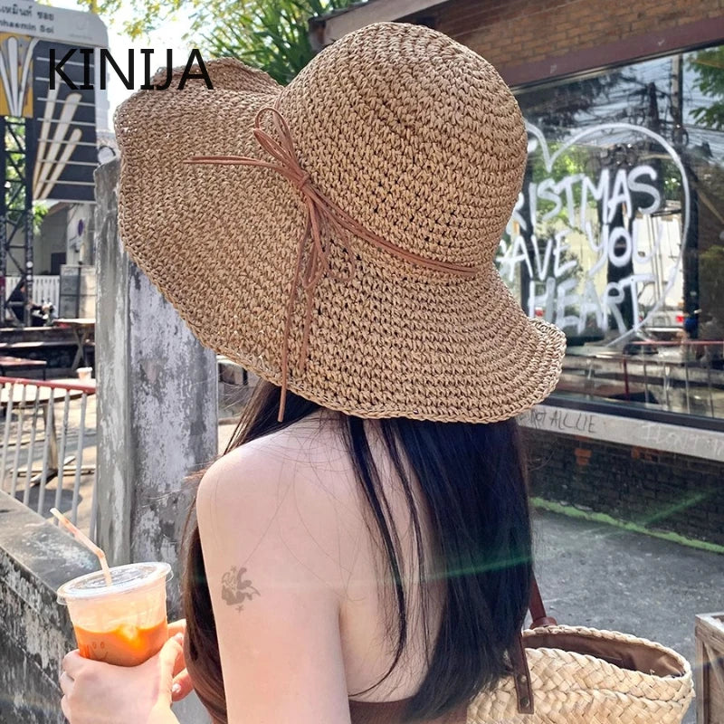 Holiday Sle Beach Fisherman Hat Seaside Sun Protection Sun Hat Large Brim Bow Woven Straw Hat Women Panama Chapeau Korean