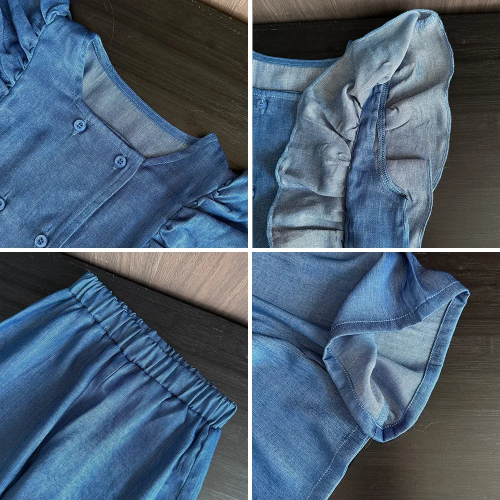 Bear Leader Toddler Girl Clothes Summer Solid Color Imitation Denim Children's Suit Blue Ruffled Sleeveless Vest+Pants 2Pcs Set
