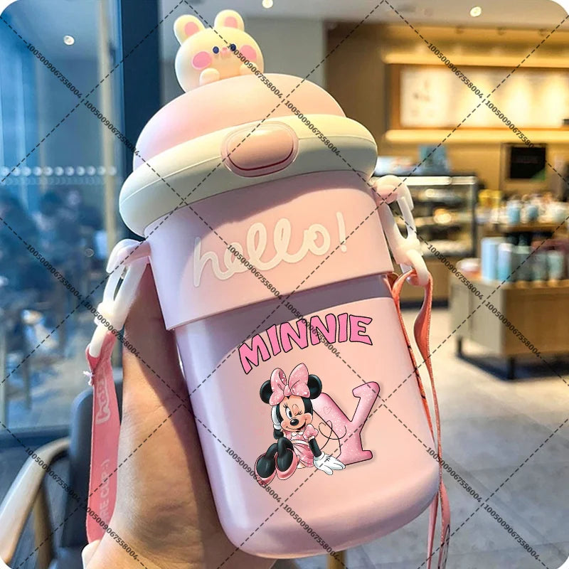 Minnie Thermal Water Cup Summer Strap Sport Drinking Cups A-Z Letter Kid Picnic Container Glasses Fresh Portable Travel Supplies