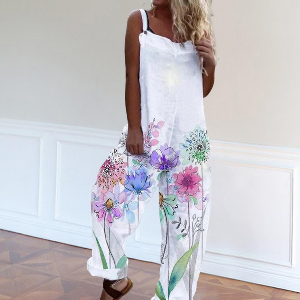 Casual Loose Jumpsuit Women Spaghetti Long Camis Summer Print Cotton Linen Strap Wide Leg Pants Bib Overalls Sleeveless Jumpsuit