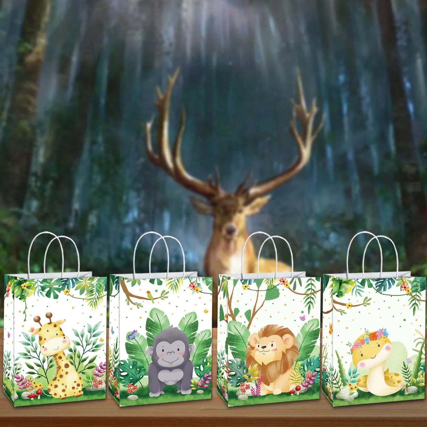 10-49pcs Cartoon Jungle Animals Gift Handbag Zebra Tiger Giraffe Fox Candy Package Jungle Theme Birthday Party Decor Supplies