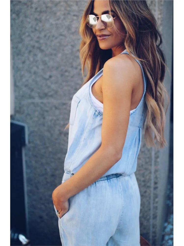Summer Denim Jumpsuit For Women 2025 Fashion Sleeveless Button Vest Slim Drawstring Pant Jumpsuits High Street Women's Clothing
