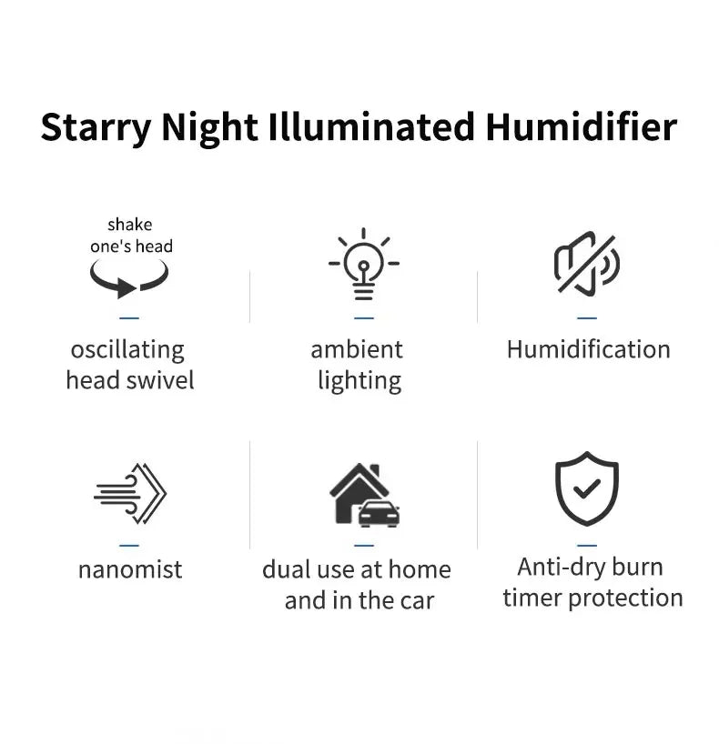 Car Air Humidifier with Starry Sky Lights Mini Aromatherapy Essential Oil Ultrasonic Diffuser Color Night Light Humidifier