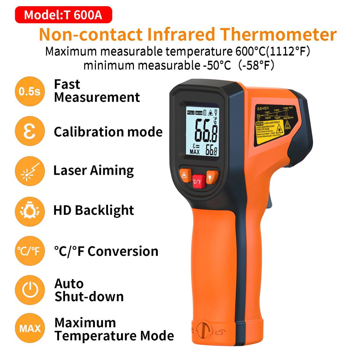 NJTY T600 Infrared Thermometer Handheld Heat Temperature  For Cooking Tester Pizza Oven Grill & Engine - Laser Surface Temp Read