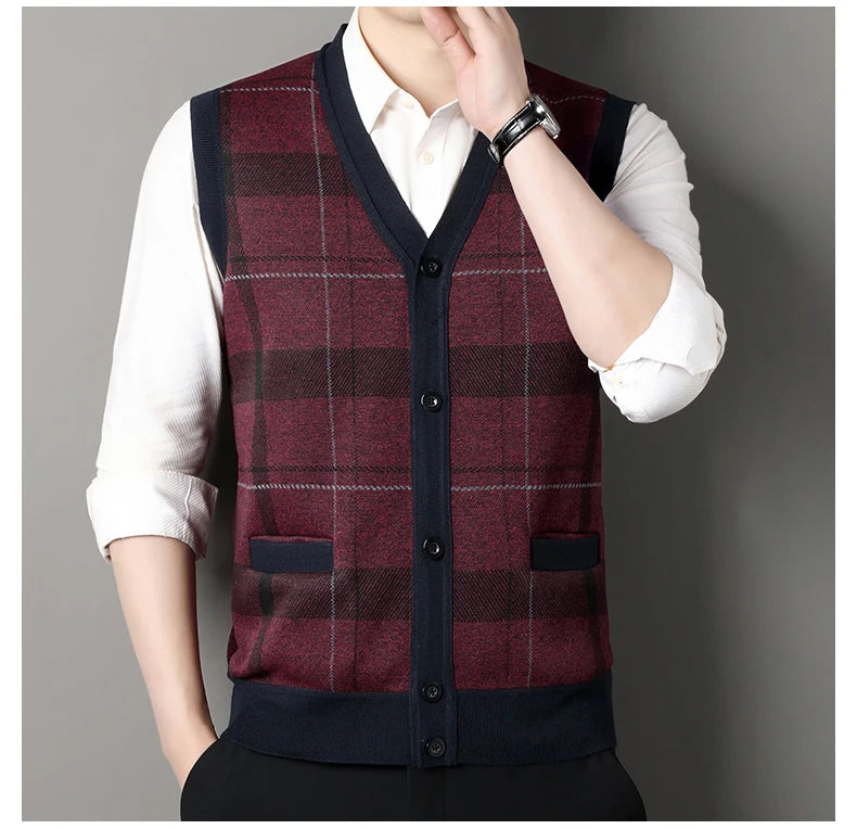New Men's Sweater Vest Casual Sleeveless Knit Jackets Men Fashion Plaid V-neck Cardigans Man Clothes Knitted Waistcoat