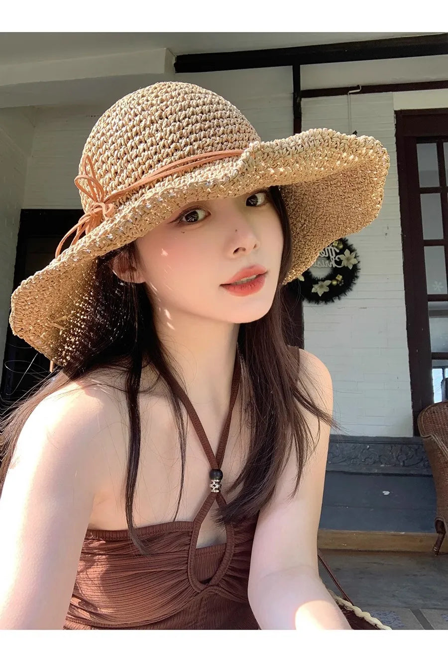 Holiday Sle Beach Fisherman Hat Seaside Sun Protection Sun Hat Large Brim Bow Woven Straw Hat Women Panama Chapeau Korean