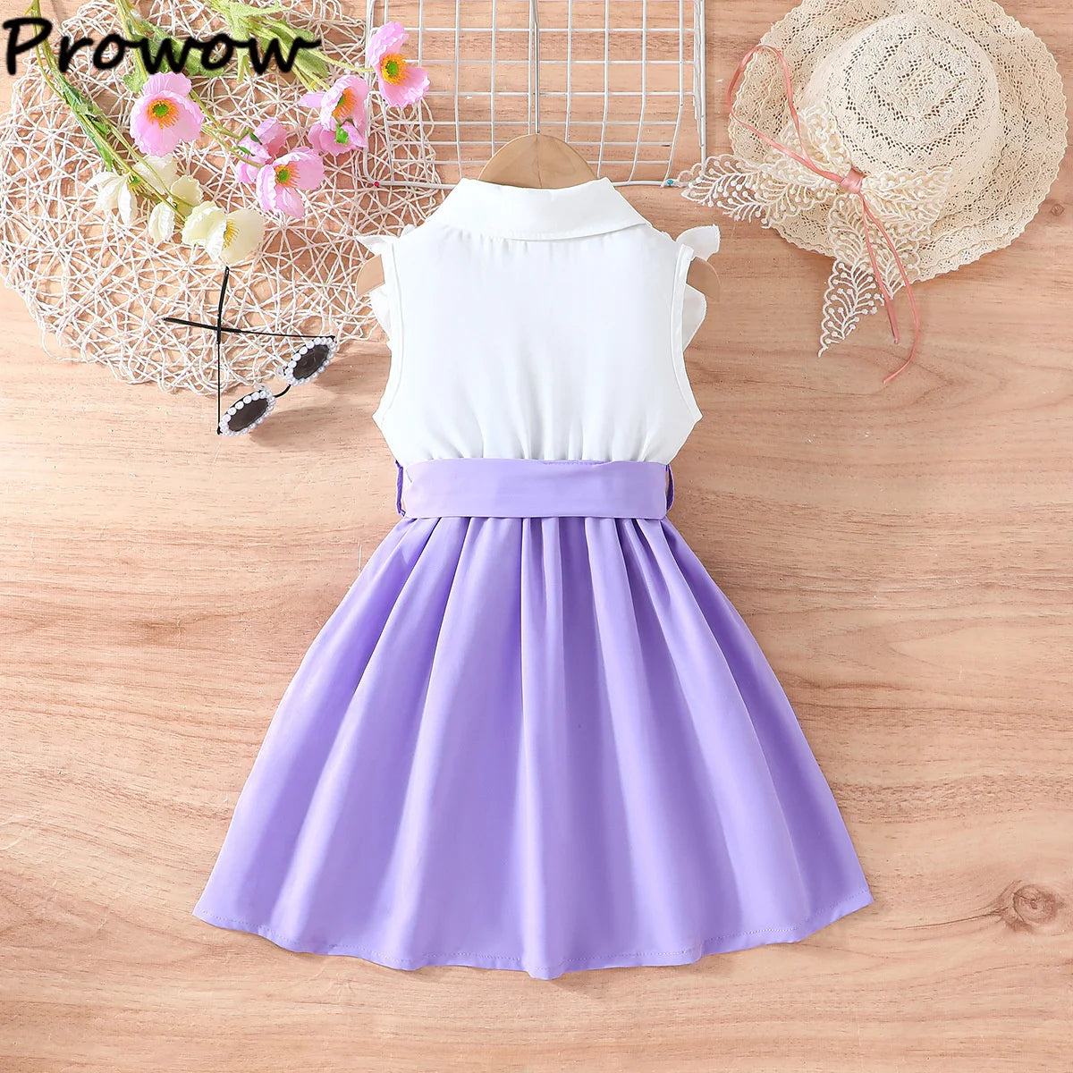 Prowow Lady Girl's Dresses Sleeveless Embroidery Floral Lotus Dress Turn-Down Collar Patchwork Shirt Dress For Girls With Belt