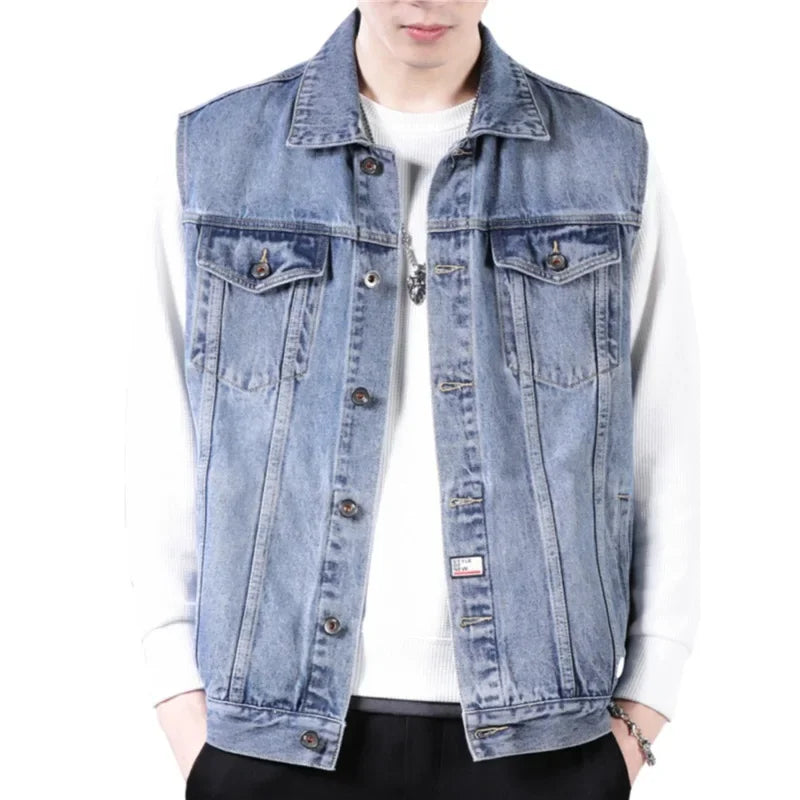 American Style Casual Men's Denim Jacket Loose Cool Retro Workwear Jacket Versatile Leisure Vest for Spring And Autumn
