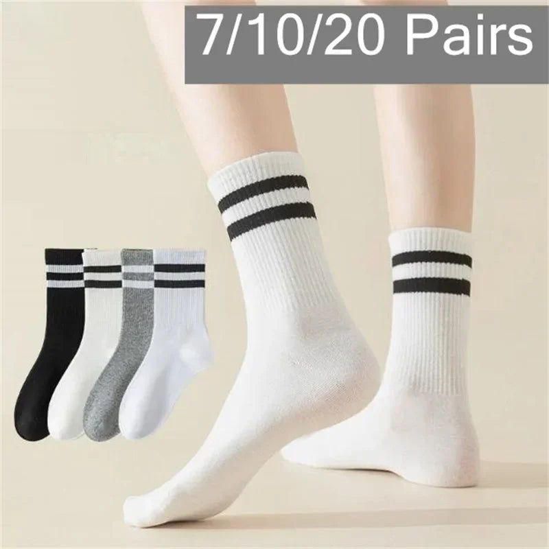 Mid Length Socks Women Classic Black White Solid Color Fashionable Casual Sports Absorbing Breathable Men Socks 1/7/10/20 Pairs