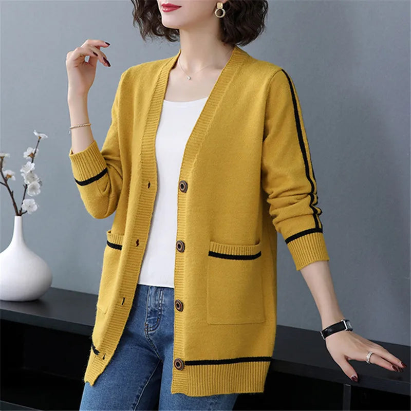 Outwear Cardigan Women's Mid Length Spring Autumn New Large Size Loose Knitted Sweater Coat Thicken Knitwears Jacket S-2XL