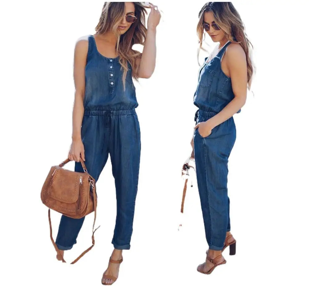 Summer Denim Jumpsuit For Women 2025 Fashion Sleeveless Button Vest Slim Drawstring Pant Jumpsuits High Street Women's Clothing